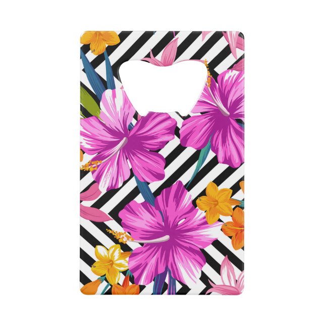 Abrebotellas De Tarjeta De Crédito hibisco tropical, hojas de palma, geométrico. (Anverso)