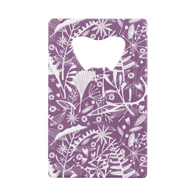 Abrebotellas De Tarjeta De Crédito Hojas botánicas y flores moradas (Anverso)