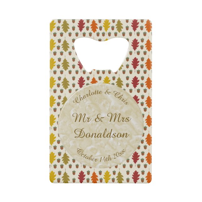 Abrebotellas De Tarjeta De Crédito Hojas de roble y maíz Personalizado Boda otoño (Anverso)