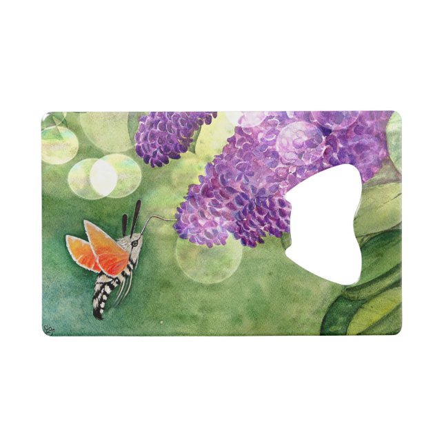 Abrebotellas De Tarjeta De Crédito Hummingbird Hawk Moth y Lilacs (Anverso (Horizontal))