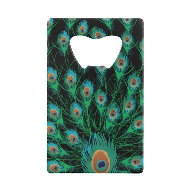 Abrebotellas De Tarjeta De Crédito Ilustracion con las plumas del pavo real en negro (Anverso)