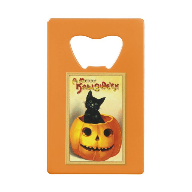 Abrebotellas De Tarjeta De Crédito Kitty de Halloween sentado en Jack O Lantern (Anverso)