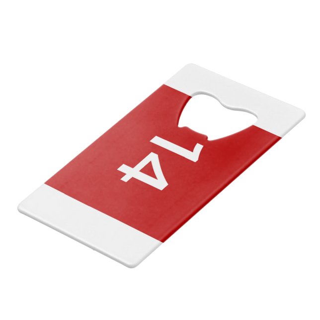 Abrebotellas De Tarjeta De Crédito Legendario Nº 14 en rojo y blanco (Ángulo frontal)