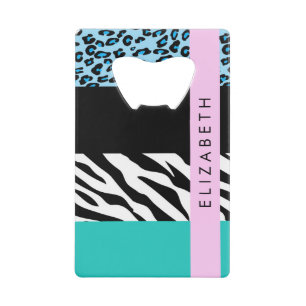 Abrebotellas De Tarjeta De Crédito Leopard Print, Zebra Print, Blue, Your Name