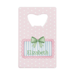 Abrebotellas De Tarjeta De Crédito Marco Rosa y Azul con Lazo de Gingham Verde