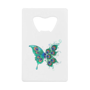 Abrebotellas De Tarjeta De Crédito Mariposa con plumas de pavo real verde