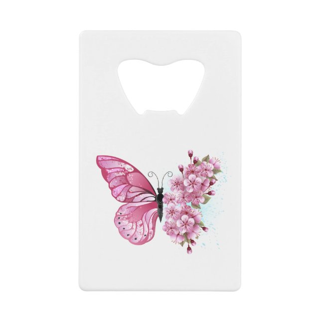Abrebotellas De Tarjeta De Crédito Mariposa de flores con Sakura rosa (Anverso)
