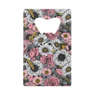 Abrebotellas De Tarjeta De Crédito Modos de mezcla de flores en rosa y gris