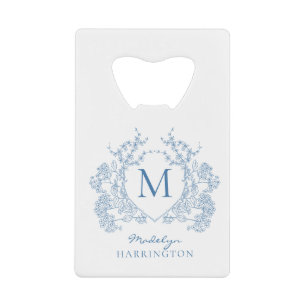 Abrebotellas De Tarjeta De Crédito Monograma clásico francés azul floral crest