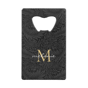 Abrebotellas De Tarjeta De Crédito Monograma de letra script floral negro elegante