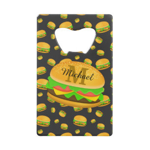 Abrebotellas De Tarjeta De Crédito Monograma del patrón de hamburguesa delicioso de G