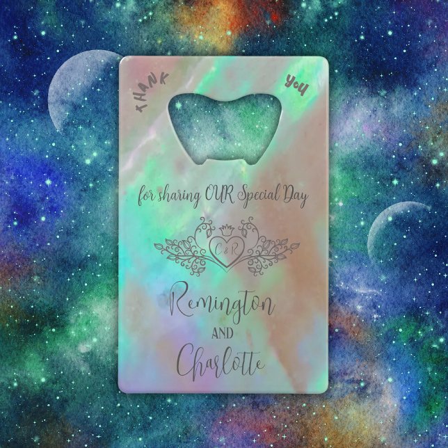 Abrebotellas De Tarjeta De Crédito Monograma Elegante Boda Verde Madre de Perla (Subido por el creador)