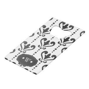 Abrebotellas De Tarjeta De Crédito Monograma elegante de damasco blanco y negro