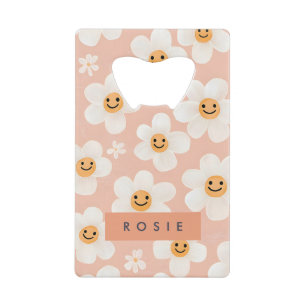 Abrebotellas De Tarjeta De Crédito Monograma Patrón floral de sonrisa personalizada D