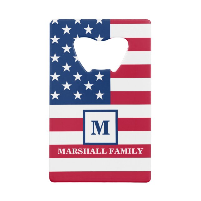 Abrebotellas De Tarjeta De Crédito Monograma Personalizado De Bandera Estadounidense  (Anverso)