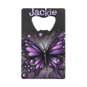 Abrebotellas De Tarjeta De Crédito Morado gótico de mariposa negra personalizado