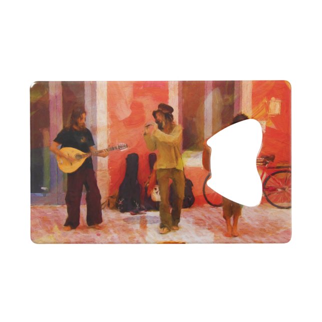 Abrebotellas De Tarjeta De Crédito Músicos callejeros tocando guitarra Mandolin y fla (Anverso (Horizontal))