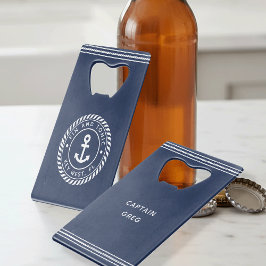 Abrebotellas De Tarjeta De Crédito Nautical Naval & White Anchor Nombre del barco
