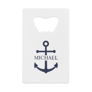 Abrebotellas De Tarjeta De Crédito Nautical Navy Blue Anchor Nombre Personalizado