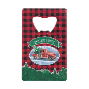 Abrebotellas De Tarjeta De Crédito Navidades Red Vintage Truck Buffalo Plaid Add Name