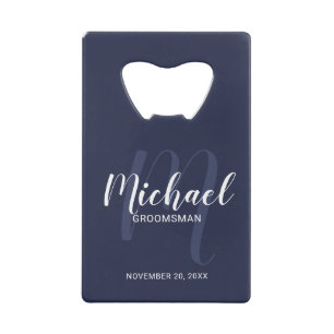 Abrebotellas De Tarjeta De Crédito Navy Blue Modern Script Personalizado Groomsmen