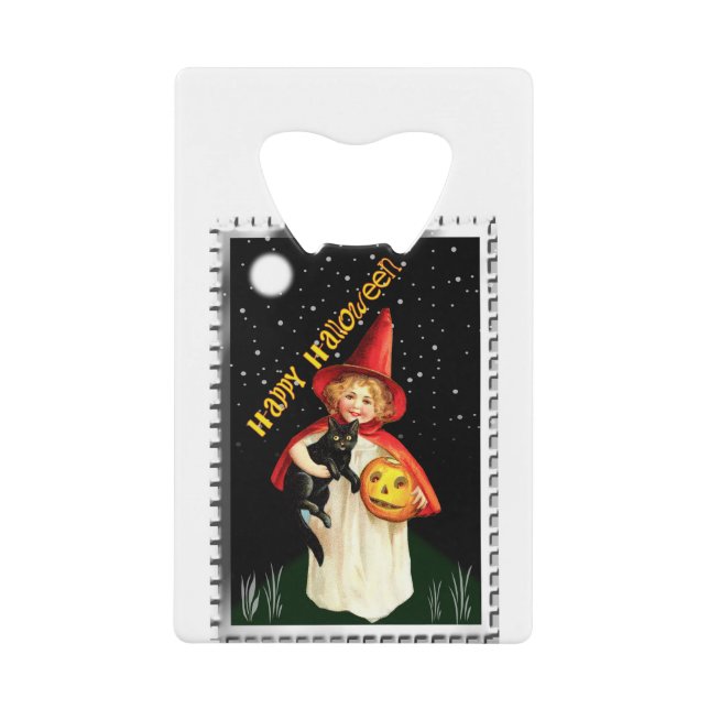 Abrebotellas De Tarjeta De Crédito Niña nostálgica, linterna Jack-o’ y gato (Anverso)