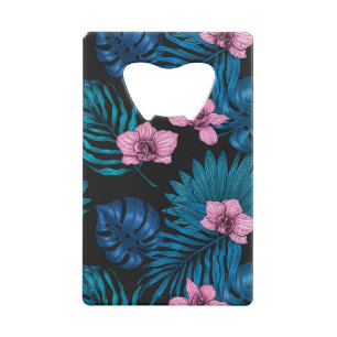 Abrebotellas De Tarjeta De Crédito Orquídeas y hojas de palma, rosa y azul en negro