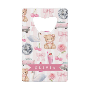Abrebotellas De Tarjeta De Crédito Oso de peluche rosa coqueto personalizado retro ad