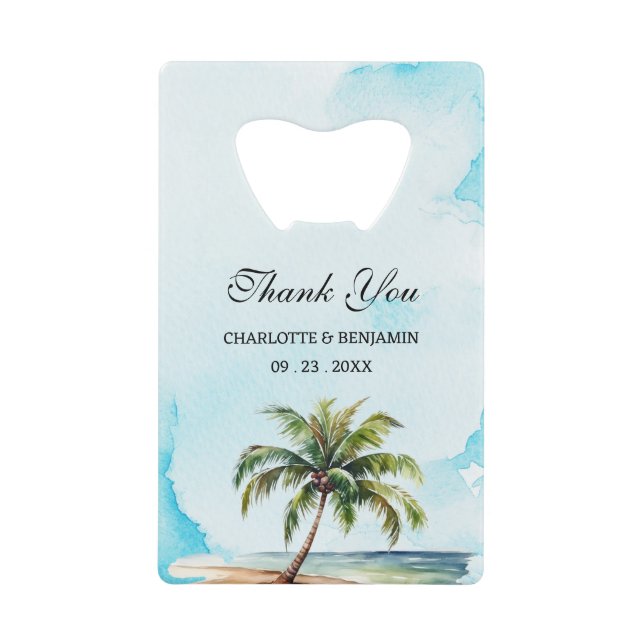 Abrebotellas De Tarjeta De Crédito Palm Tree Coastal Beach Wedding Favor (Anverso)