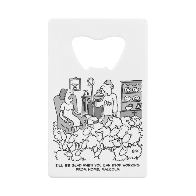 Abrebotellas De Tarjeta De Crédito Pastor trabajando desde casa con su oveja (Anverso)