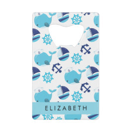 Abrebotellas De Tarjeta De Crédito Patrón de ballenas, ballenas azules, tu nombre