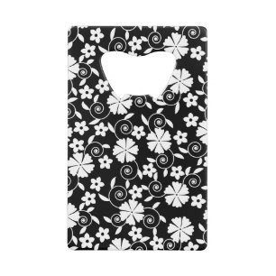 Abrebotellas De Tarjeta De Crédito Patrón de flores de remolino blanco y negro lindo