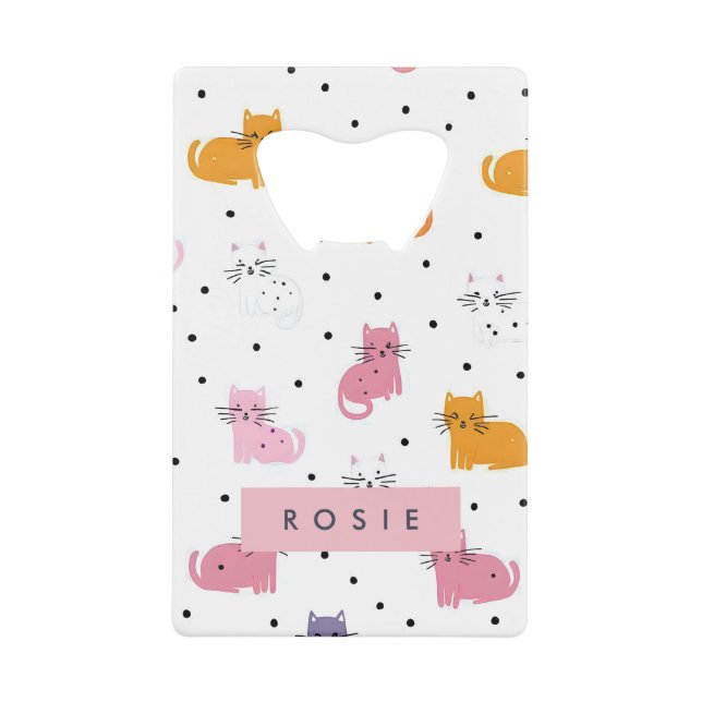 Abrebotellas De Tarjeta De Crédito Patrón de gato juguetón personalizado con puntos d (Anverso)