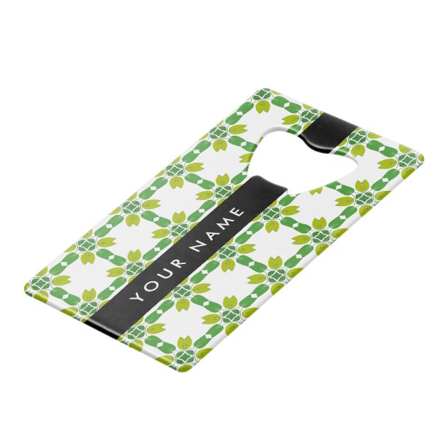 Abrebotellas De Tarjeta De Crédito Patrón de hojas, hojas verdes, nombre (Ángulo frontal)