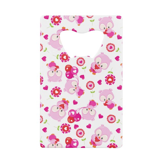 Abrebotellas De Tarjeta De Crédito Patrón De Lechuzas, Lechuzas Cutas, Lechuzas Rosad (Anverso)