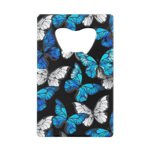 Abrebotellas De Tarjeta De Crédito Patrón oscuro sin foco con mariposas azules morfo