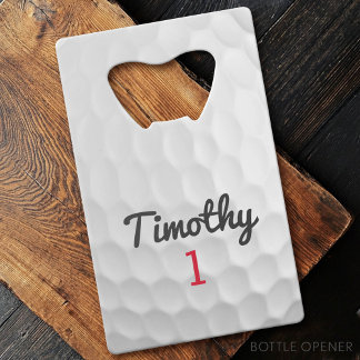 Abrebotellas De Tarjeta De Crédito Pelota de golf con número rojo de nombre negro