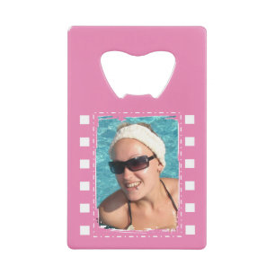 Abrebotellas De Tarjeta De Crédito Personaliza con 2 fotos rosa y blanco