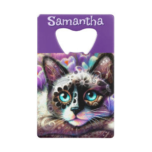 Abrebotellas De Tarjeta De Crédito Personalizado crocus floral de gato blanco gitano 
