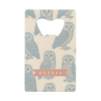 Abrebotellas De Tarjeta De Crédito Personalizado Vintage Blue Owl Woodland Cottagecor