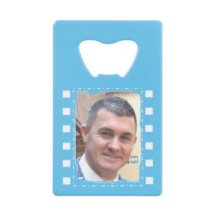 Abrebotellas De Tarjeta De Crédito Personalizar con 2 fotos azul claro y blanco