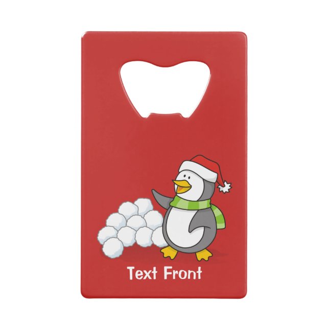 Abrebotellas De Tarjeta De Crédito Pingüino navidad con bolas de nieve ondeando (Anverso)