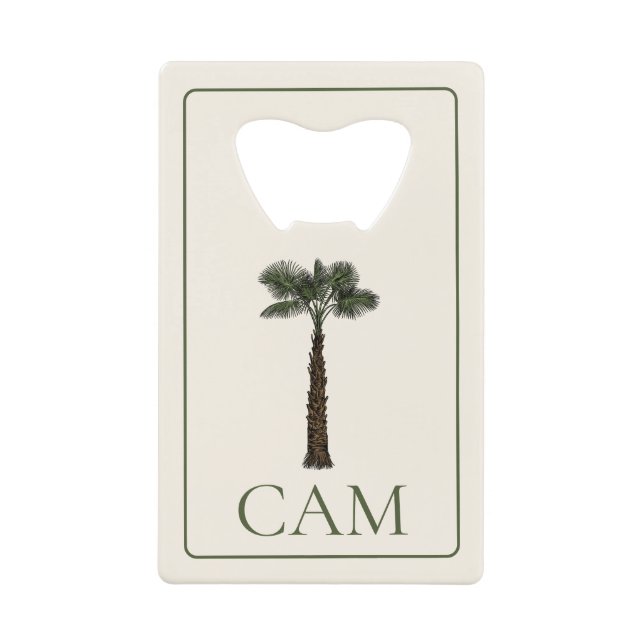 Abrebotellas De Tarjeta De Crédito Preppy Coastal Palm Tree Monogram (Anverso)