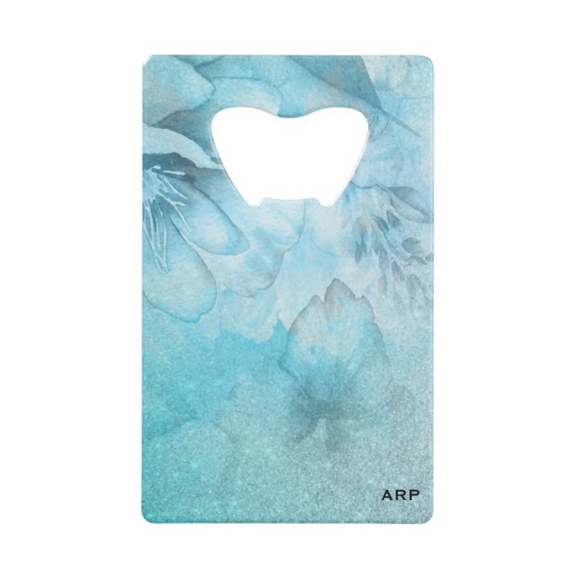 Abrebotellas De Tarjeta De Crédito *~* Purpurina Turquesa Floral Acuarela Celestial (Anverso)