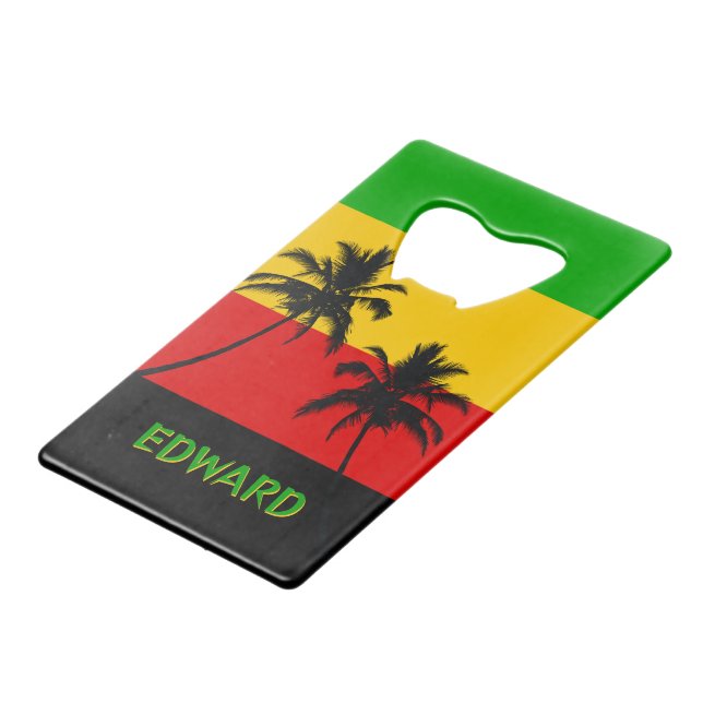 Abrebotellas De Tarjeta De Crédito Rasta Flag with Palm Trees Tropical (Ángulo frontal)