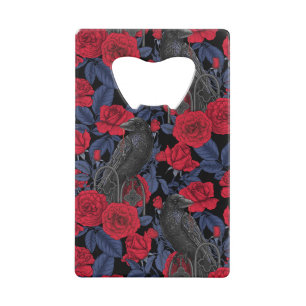 Abrebotellas De Tarjeta De Crédito Ravens y rosas con hojas azul oscuro