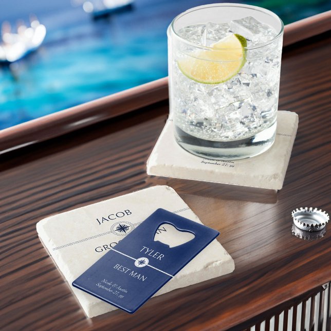 Abrebotellas De Tarjeta De Crédito Regalo Groomsman azul y blanco Boda náutico (Nautical wedding groomsman gift - personalize for any member of your wedding party)