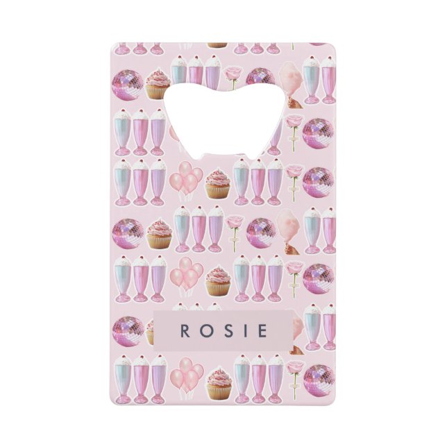 Abrebotellas De Tarjeta De Crédito Regalos Retro Rosa Rosado Monograma Batido de Lech (Anverso)
