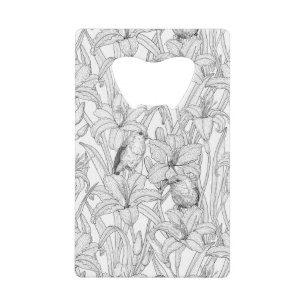 Abrebotellas De Tarjeta De Crédito Robins y flores de lilo, negro y blanco