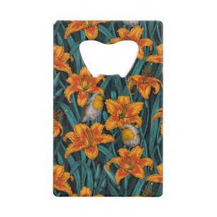 Abrebotellas De Tarjeta De Crédito Robins y flores de lirio, naranja y azul